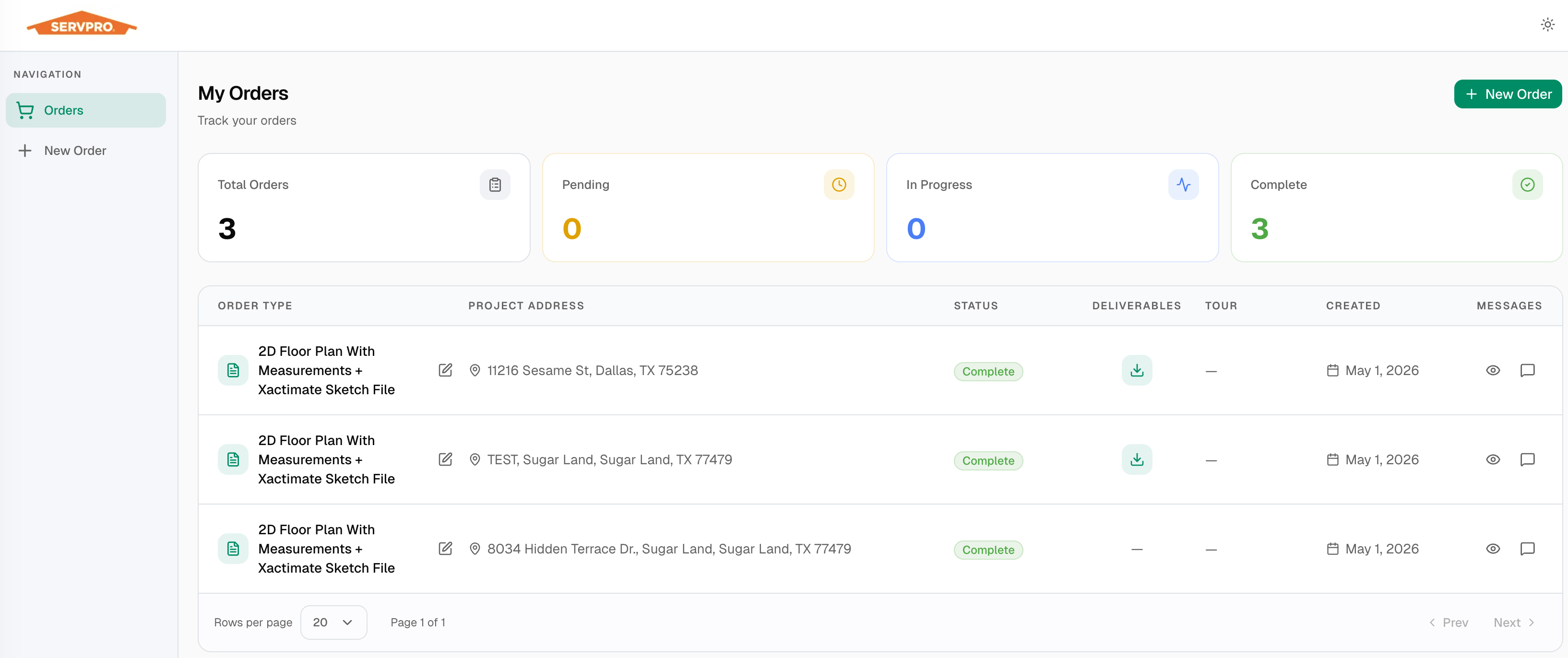 Custom branded dashboard showing order tracking with status badges, deliverables, and mobile-friendly layout